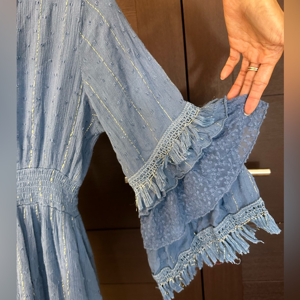 Blue Ruffled V-Neck Dress - Picture 7 of 7